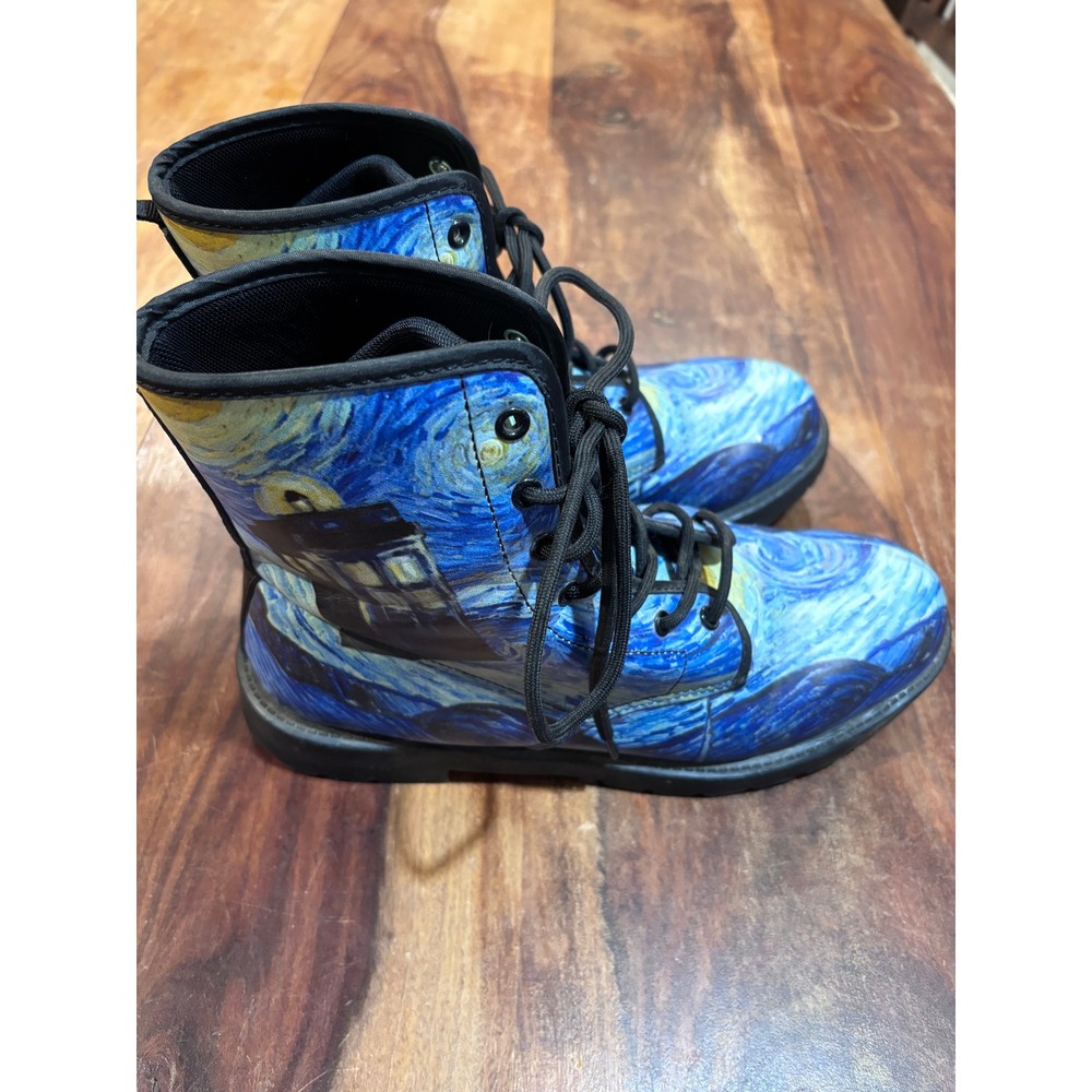 Doctor Who combat boots mens 9.5 blue Starry Night Van Gogh TARDIS art lug sole